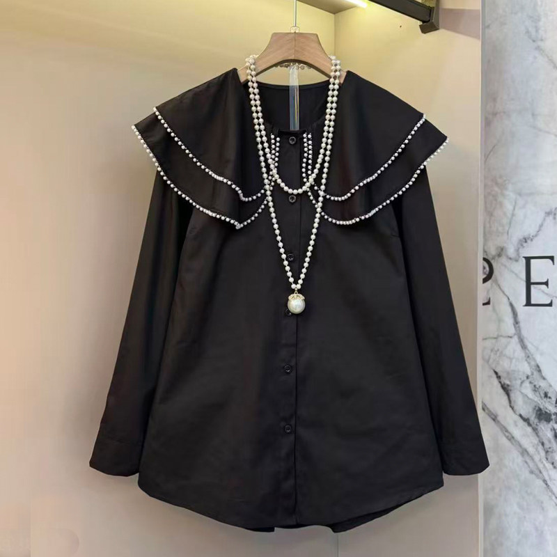 胖妹妹大码春季时尚淑女风娃娃领钉珠长袖衬衫女荷叶边百搭上衣潮,女装/女士精品,大码内搭,淘宝优惠券,粉丝福利购,淘宝优惠卷