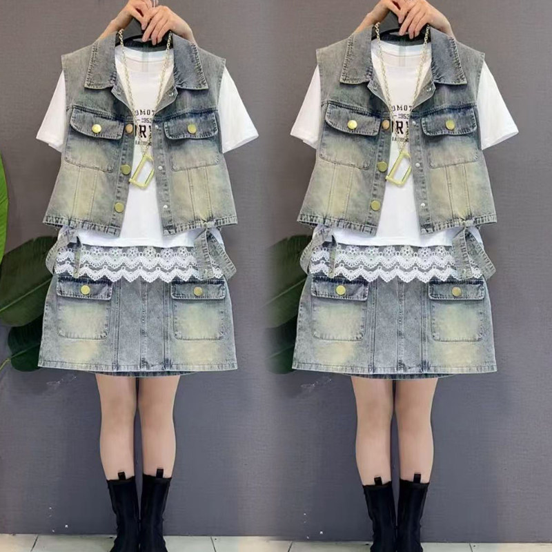 胖妹妹大码春夏新款时尚牛仔套装女韩版短款马甲半袖短裙三件套潮