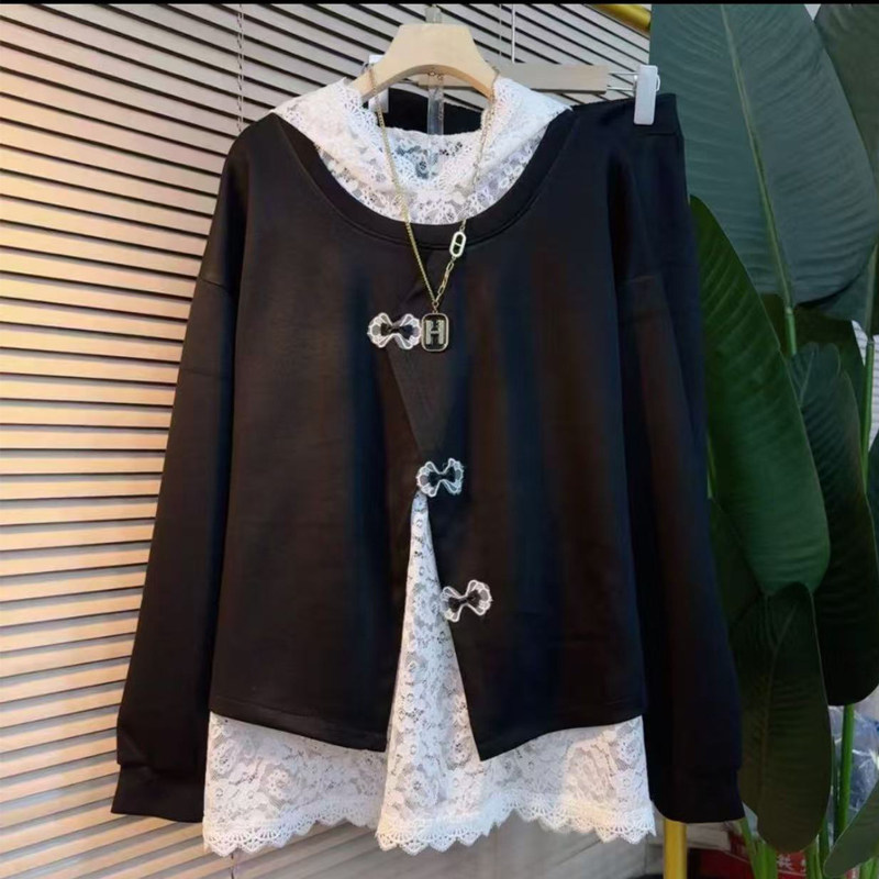 胖妹妹大码春季新款拼接蕾丝假两件套装女韩版洋气上衣裤子三件套,女装/女士精品,大码套装,淘宝优惠券,粉丝福利购,淘宝优惠卷