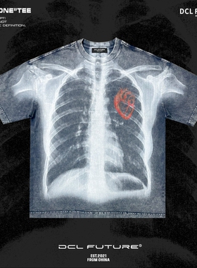 DCL FUTURE欧美心脏t恤圆领复古印花短袖男街头亚文化嘻哈宽松tee