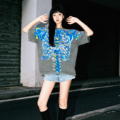 复古宽松圆领男女纯棉短袖 夏季 蓝色骨架直喷印花洗水做旧美式 t恤