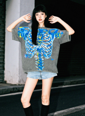 夏季蓝色骨架直喷印花洗水做旧美式复古宽松圆领男女纯棉短袖t恤