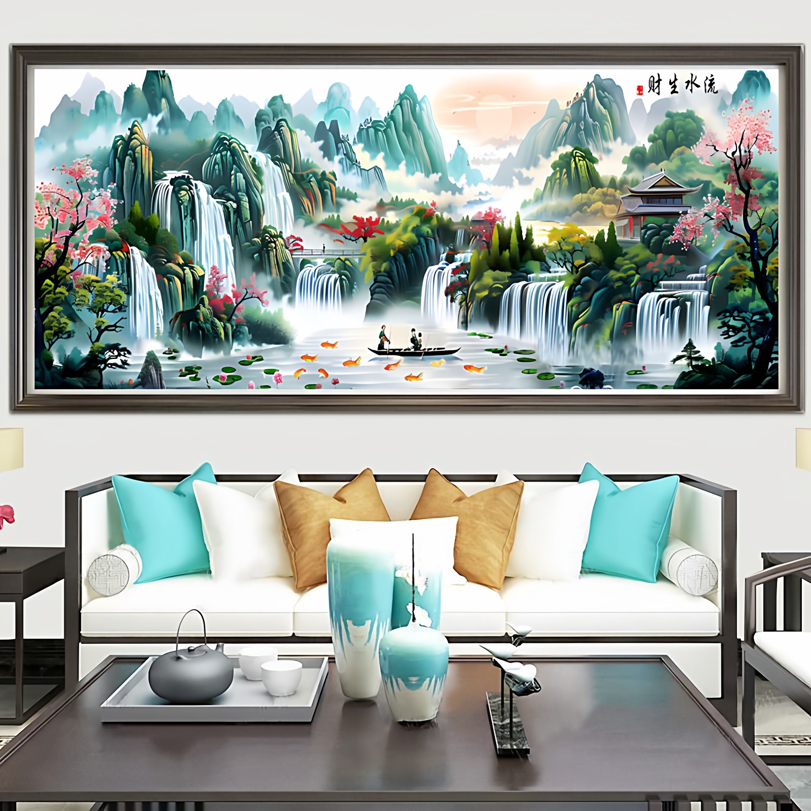 流水生财十字绣2026年新款客厅高级感九鱼聚财风景山水画手工刺绣