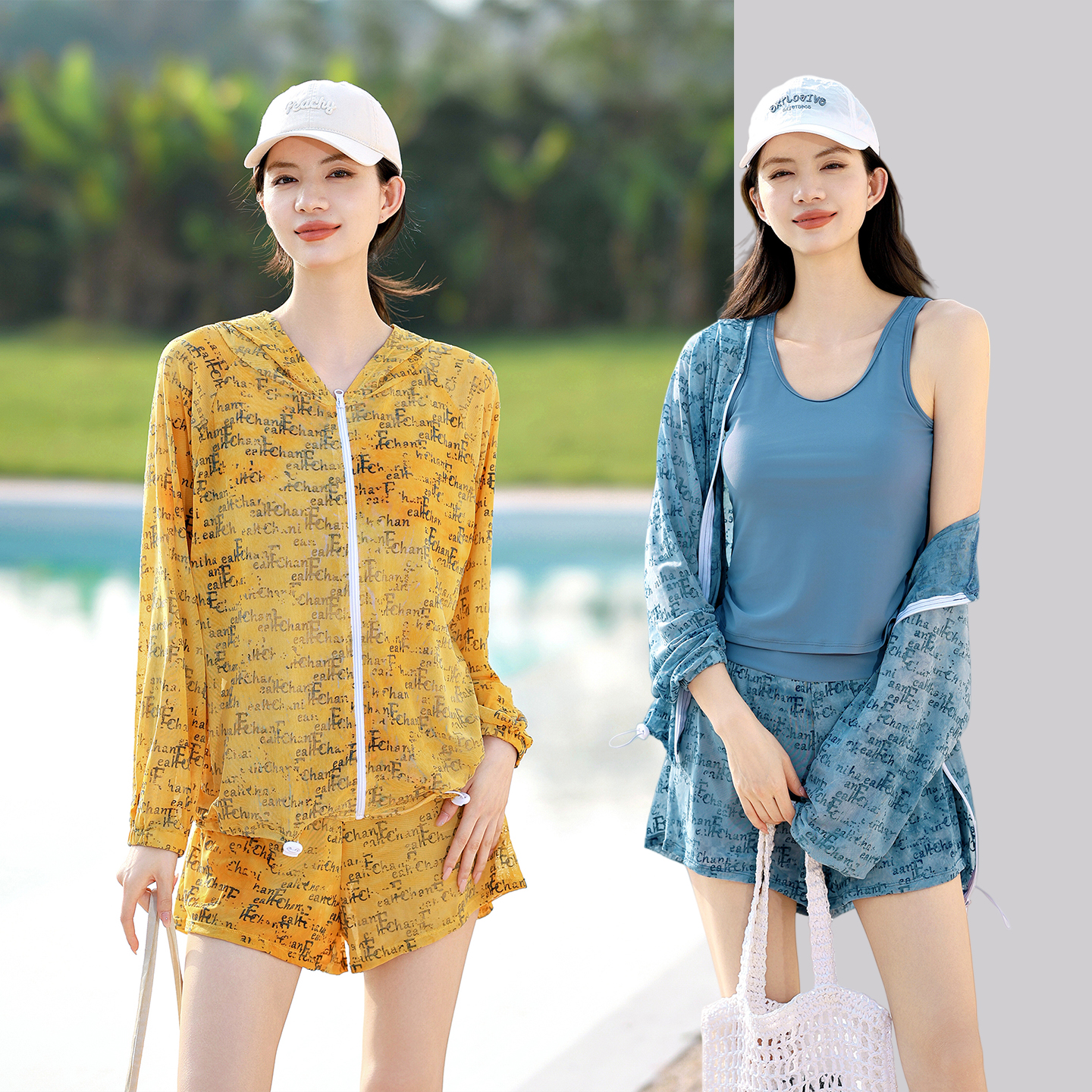 2026新款分体泳衣女长袖连帽防晒温泉沙滩三件套大码微胖时尚泳装