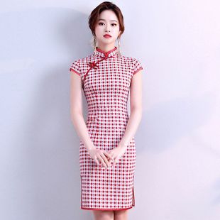 复古棉桑梓年轻新款女装之多色韩版弹力修身短款花格子微弹旗袍裙