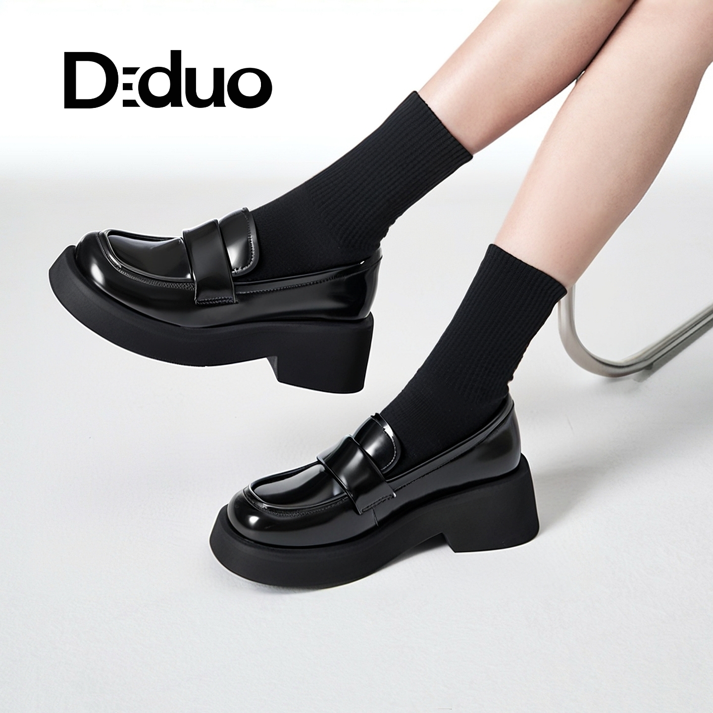Diduo/迪朵英伦粗跟黑色乐福鞋