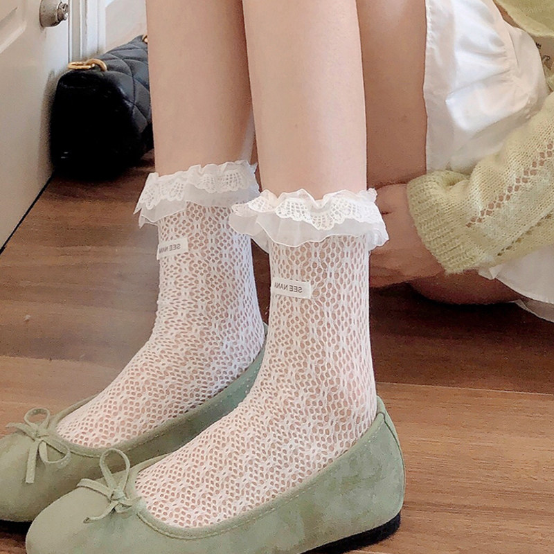 春夏季薄款镂空白色短袜子甜美蕾丝花边中筒袜带标jk黑色堆堆袜女