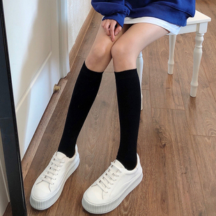 薄款 日系ins棉质袜子女潮春夏季 JK黑色小腿袜白色色及膝中长筒袜