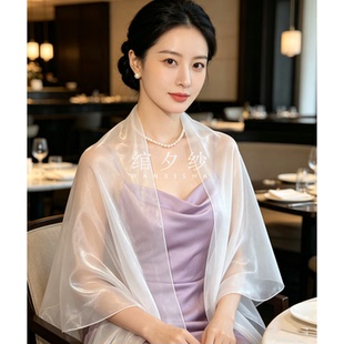 2026春夏时尚百搭纯白色欧根纱仿真丝丝巾围巾长款礼服旗袍披肩女