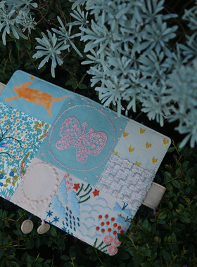 Munimhoe轻奢复古雾蓝花园刺绣手工拼布手帐书衣活页A5B6笔记本子