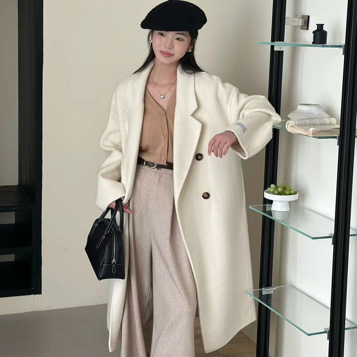 【婴驼绒】高端韩版茧型通勤双面羊毛大衣女中长款毛呢外套