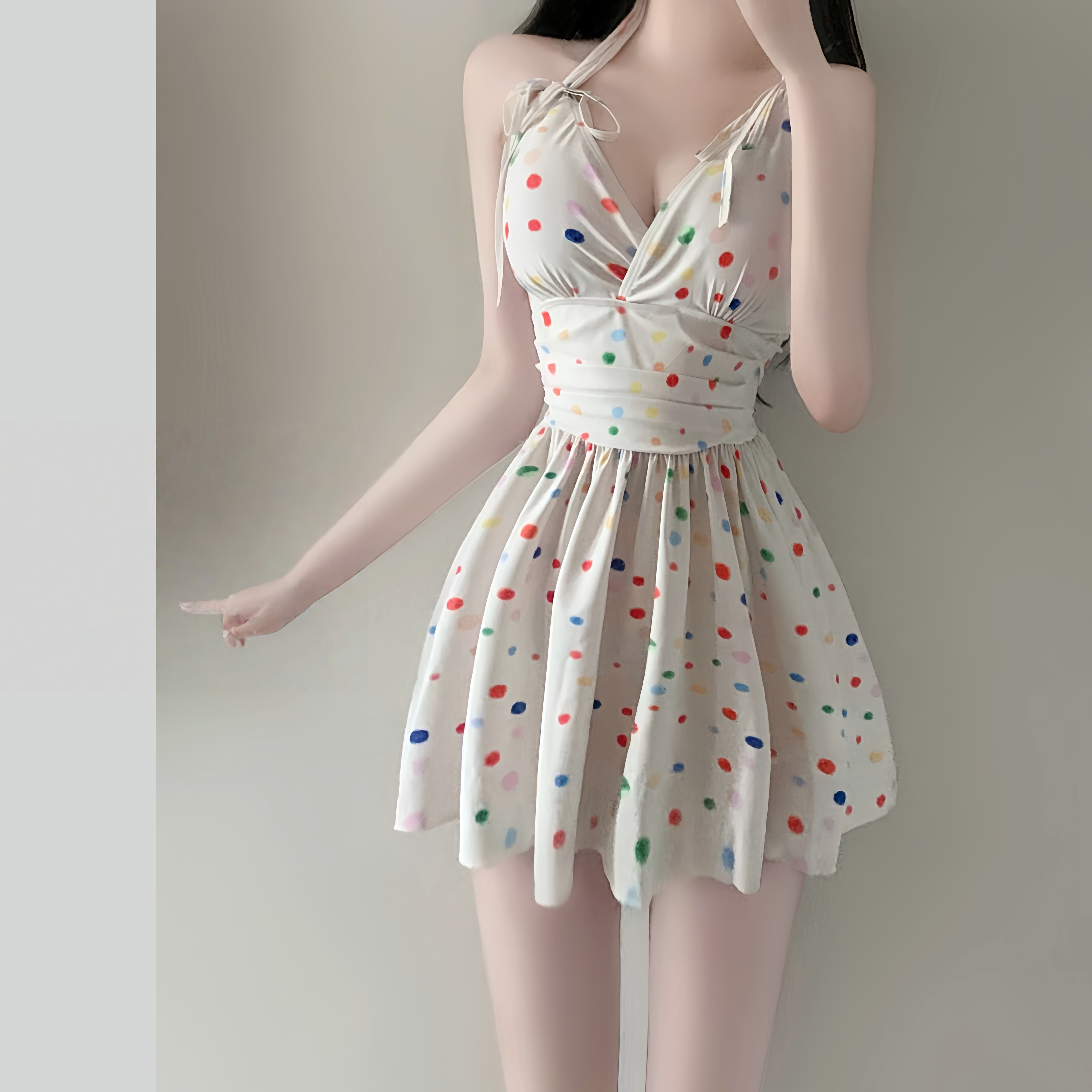 新款温泉连体泳衣女新款清新波点遮肉甜美蝴蝶结风遮肚显瘦游泳衣