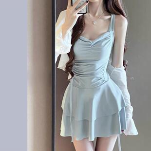 连体泳衣温泉泳装 罩衫 纯欲少女显瘦遮肚小胸聚拢长袖 韩国ins夏季