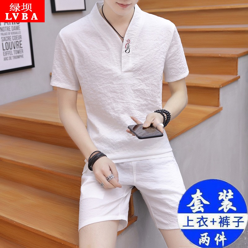 中国风两件套男上衣中式民族服装短袖青年汉服唐装男装休闲潮套装