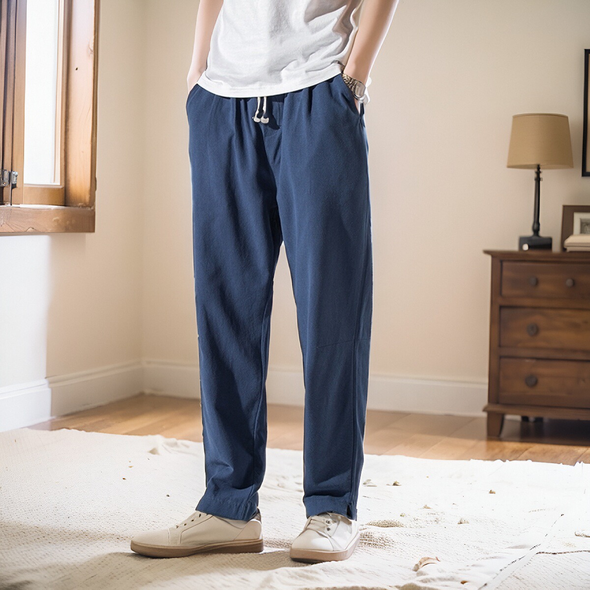春秋季男士休闲裤宽松直筒青年复古棉麻男装长裤大码胖子亚麻裤子