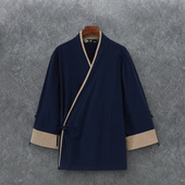 斜襟衣服伴郎服休闲古风茶服道袍男装 中国风男唐装 长袖 僧服男汉服