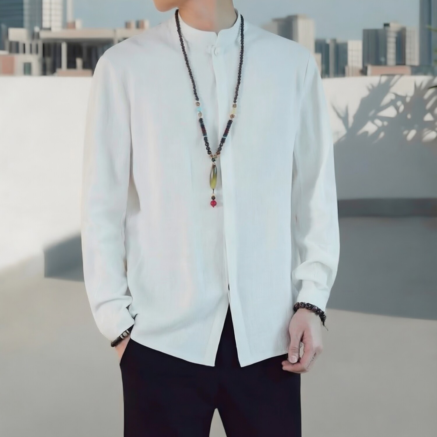 春秋中国风长袖衬衫男盘扣立领棉麻禅服男装复古居士服古风上衣服
