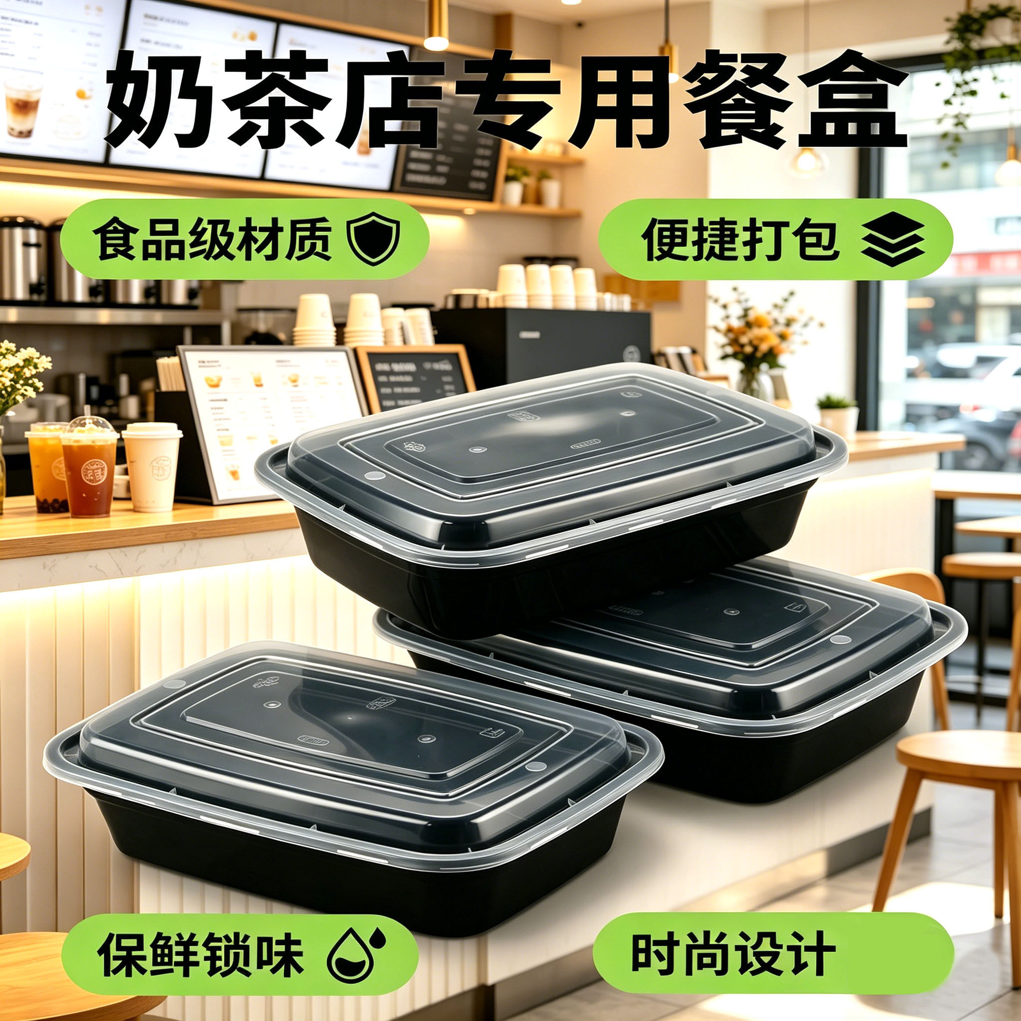 美式圆形900ml一次性餐盒长方形打包盒750ml黑色外卖快餐饭盒汤碗