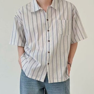 2025夏季新款日系条纹衬衫短袖男设计感上衣外套潮牌潮流痞帅港风