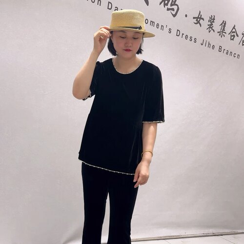 6339女权贵族初秋新品醋酸丝绒面料珍珠边简洁气质衫加大码女装