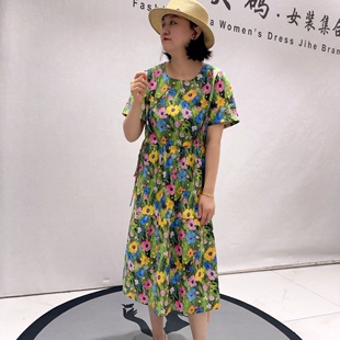 9269芮娜依莲夏款新品中间可抽绳时尚减龄花色连衣裙加大码女装