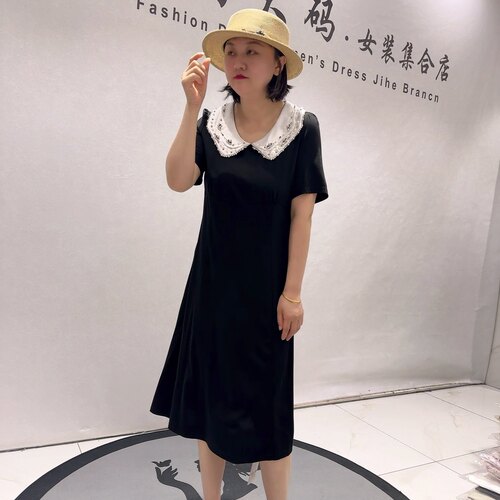 31085女权贵族夏款新品重工娃娃领背部拉链减龄连衣裙加大码女装