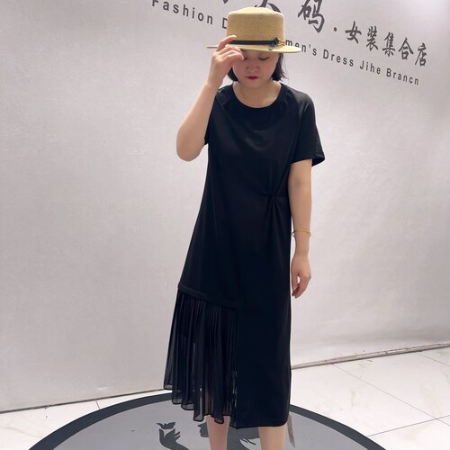 31168女权贵族夏款新品设计感拼接面料时尚显瘦连衣裙加大码女装