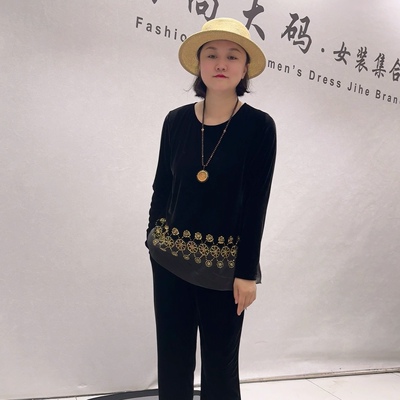6338女权贵族秋款新品醋酸丝绒面料拼接欧根纱设计气质衫加大码