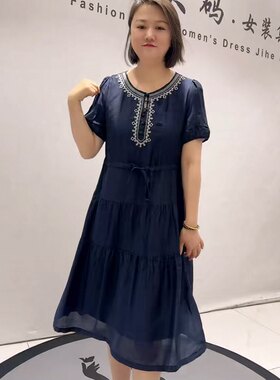 3369女权贵族夏款新品亚麻面料民族风图案显瘦连衣裙加大码女装