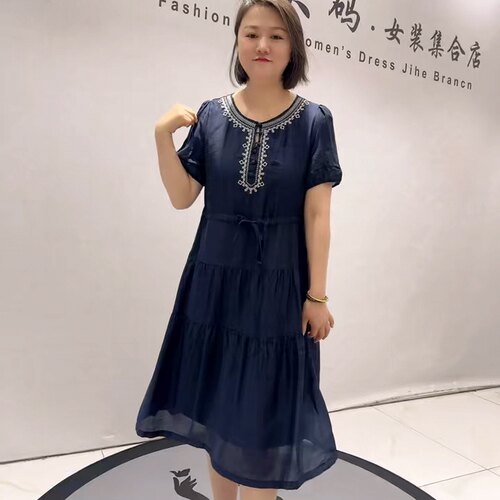 3369女权贵族夏款新品亚麻面料民族风图案显瘦连衣裙加大码女装