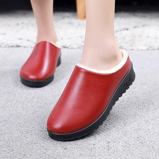 妈妈鞋 冬季 加绒加厚防水半托棉鞋 女棉皮面拖鞋 防滑软底 老北京布鞋