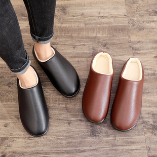 冬季男士棉拖鞋皮面防水居家室内加绒加厚时尚男半托棉鞋防滑软底