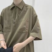 t恤男夏Polo衫 短袖 潮牌潮流300g重磅 衬衫 oversize日系军绿色工装