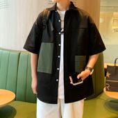 男寸衫 个性 青少年黑色百搭港风衬衣服 夏季 五分半袖 拼接衬衫 男短袖