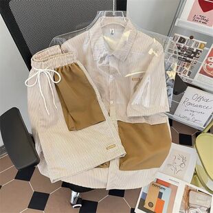 衬衫男短袖夏季日系潮牌拼接设计感休闲翻领外套2025新款套装短裤