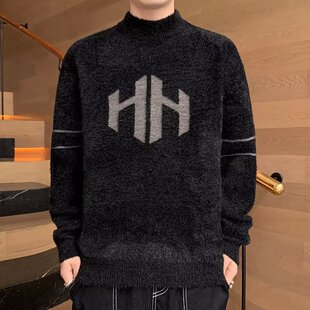仿水貂绒毛衣男士半高领打底2025加厚青少年保暖打底衫秋冬季线衣