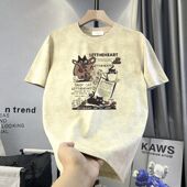 潮牌宽松体恤衫 水洗做旧卡通短袖 白色半袖 美式 t恤男夏季 2025新款