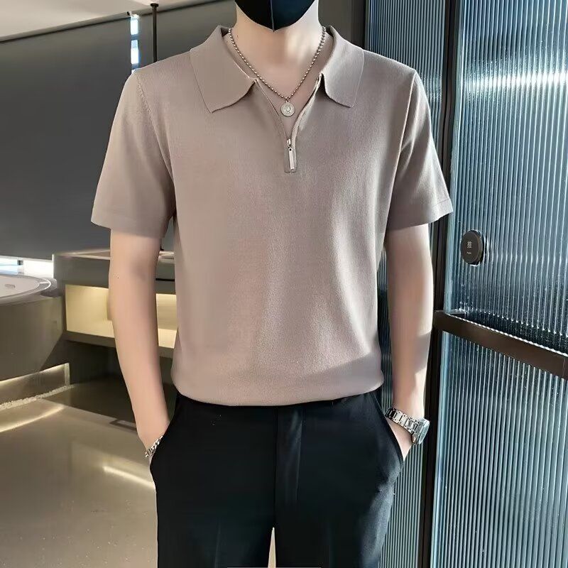 冰丝针织polo衫男短袖夏季重磅高街翻领衣服潮流男生宽松薄款t恤