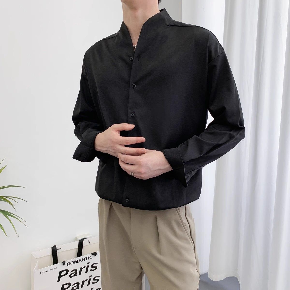 立领衬衫男长袖新中式免烫垂感弹力高级感商务无痕V领白色衬衣潮