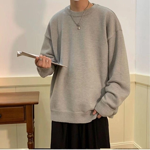 纯色毛衣男款秋冬季宽松圆领打底针织衫潮流男生套头慵懒情侣线衣