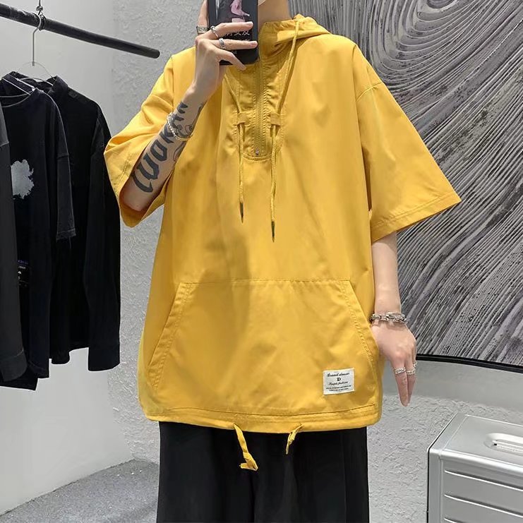 黄色短袖纯色卫衣男夏季连帽oversize外套ins七分袖设计感小众t恤