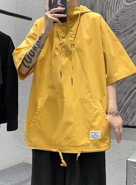 黄色短袖纯色卫衣男夏季连帽oversize外套ins七分袖设计感小众t恤