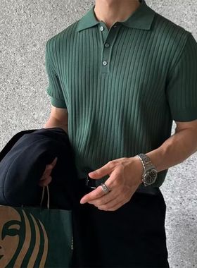 英伦雅痞男装冰丝针织polo衫男t恤痞帅高级感短袖夏季潮牌plol衫