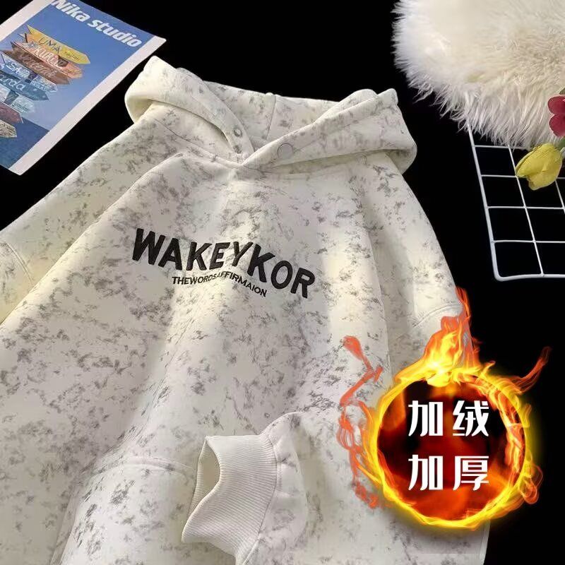 潮牌字母刺绣连帽卫衣男秋美式复古扎染情侣外套重磅百搭休闲帽衫