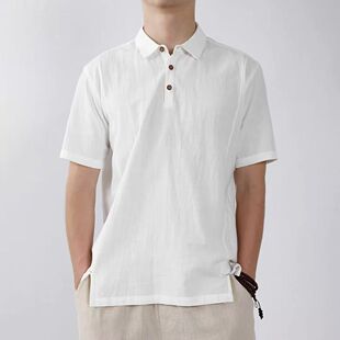 宽松棉麻休闲衬衣透气男t恤polo衫 男士 亚麻衬衫 清仓处理翻领短袖