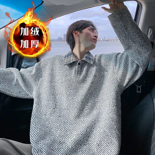 美式斜条纹POLO领无帽卫衣男款春秋季潮牌宽松大码男生加绒上衣服