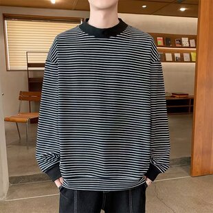 春季新款长袖t恤男休闲帅气学生条纹卫衣宽松百搭韩版潮流打底衫