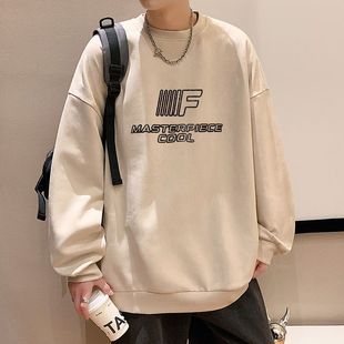 上衣 麂皮绒卫衣男秋冬季 宽松圆领美式 潮牌休闲字母印花长袖 男士