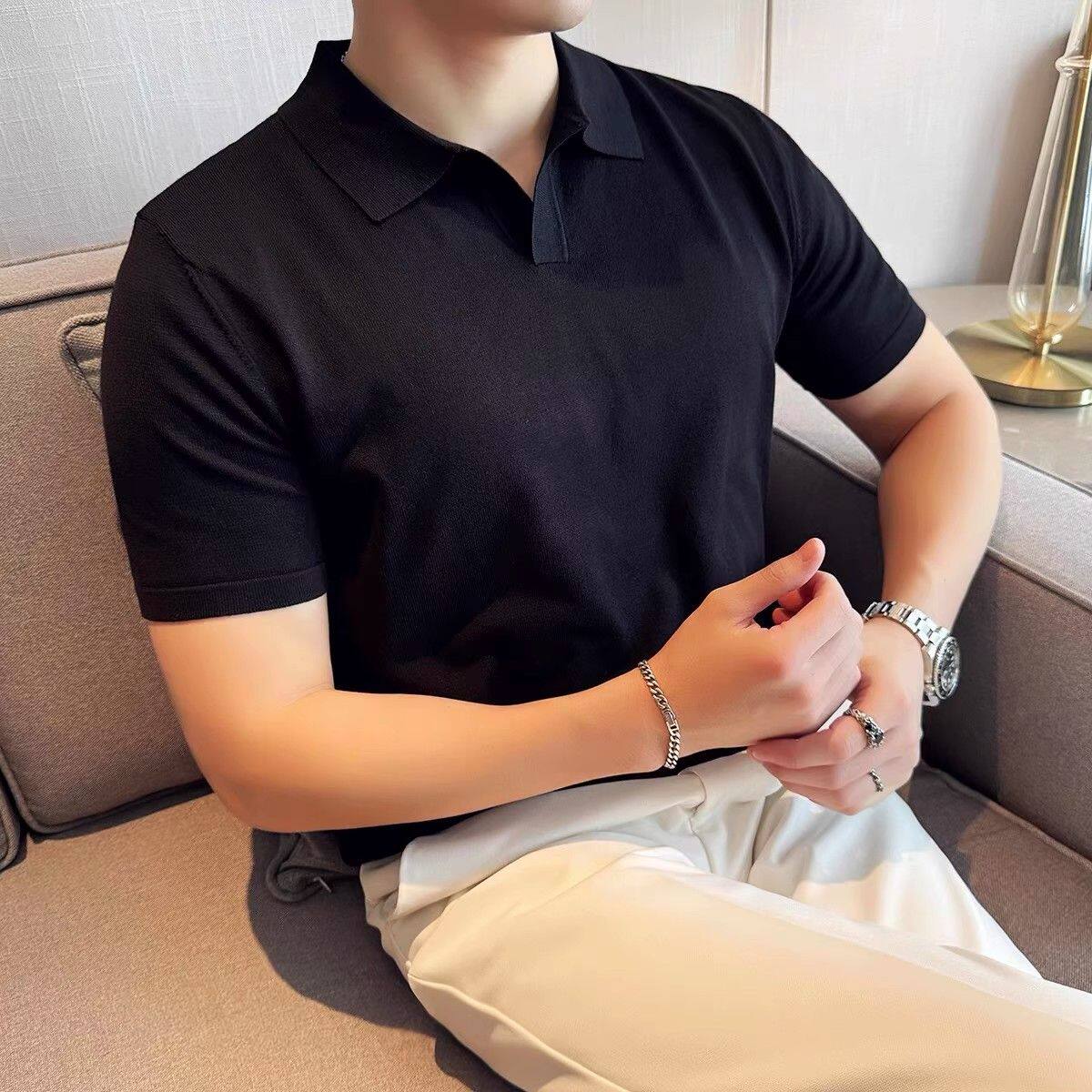 杏色海鸥v领健身polo衫男短袖夏季高级感痞帅半袖针织翻领修身t恤图片