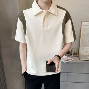 短袖 潮牌ins翻领套头上衣拼色Polo衫 高级感夏季 T恤男士 内搭半袖 衫